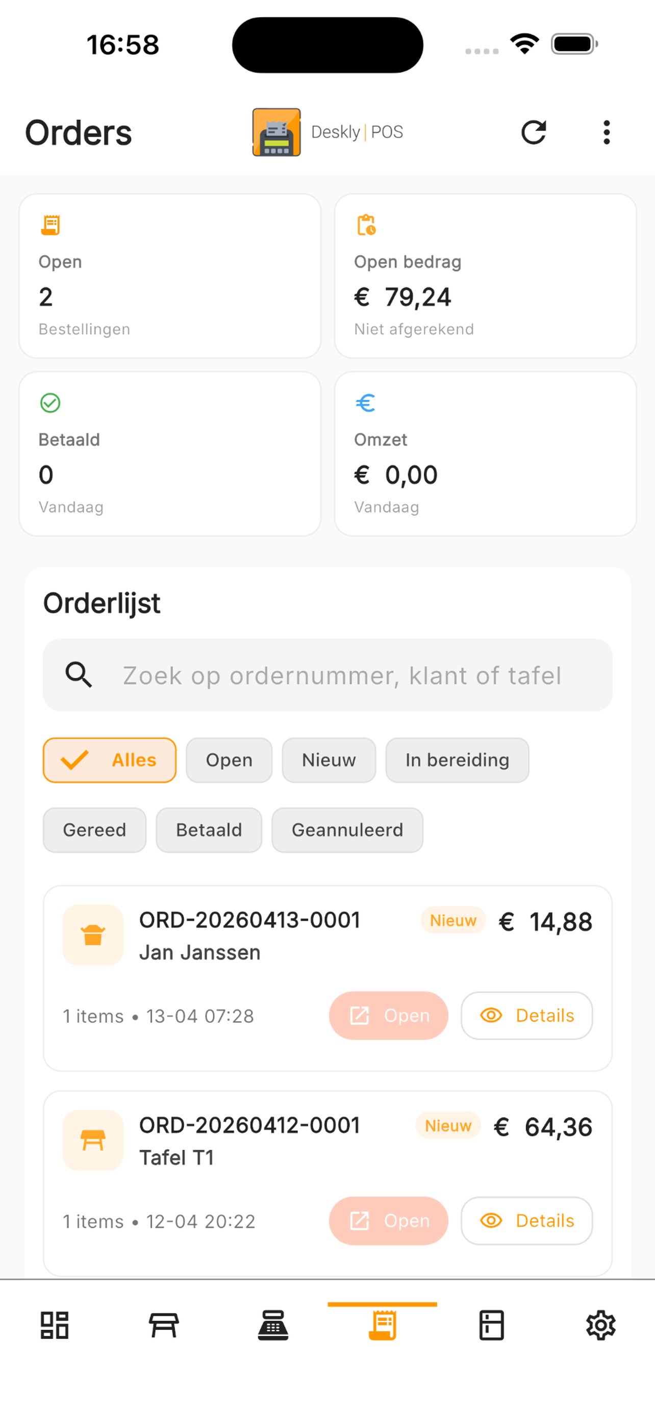 Orders overview with filters and search